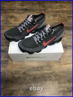 New Nike Air VaporMax Flyknit 3 Iron Grey Track Red Mens Size 10.5 CT1270-001